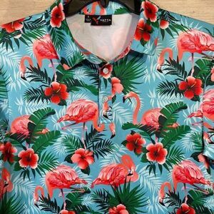 Yatta Golf Polo Shirt Mens Small‎ Flamingo Floral Stretch Lightweight Hawaiian
